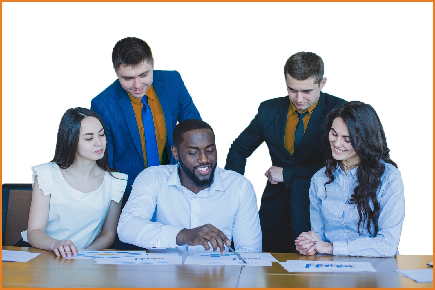 five diverse people at a desk looking at documents representing an association