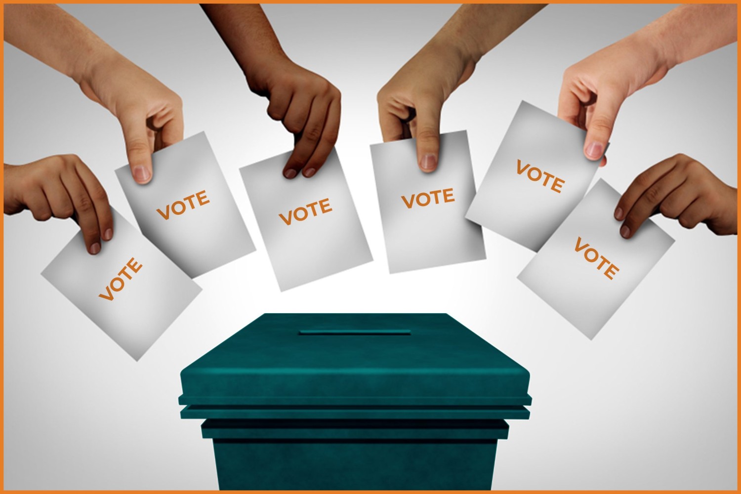 Elections, hands placing votes into a ballot box